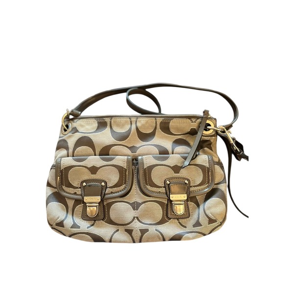 Coach Signature Canvas Crossbody Bag Purse Grey Flap Pocket  + FREE Bag Charm 🎁 - Picture 1 of 5